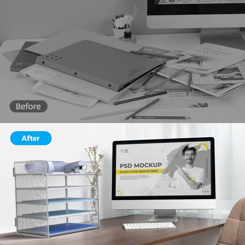Sinboun Letter Tray Paper Organizer 5-Tier Desk Organizer File Organizer Paper Holder with Handle, Metal Desktop Document Shelf Tray Office Classroom Organization - White - Image 3